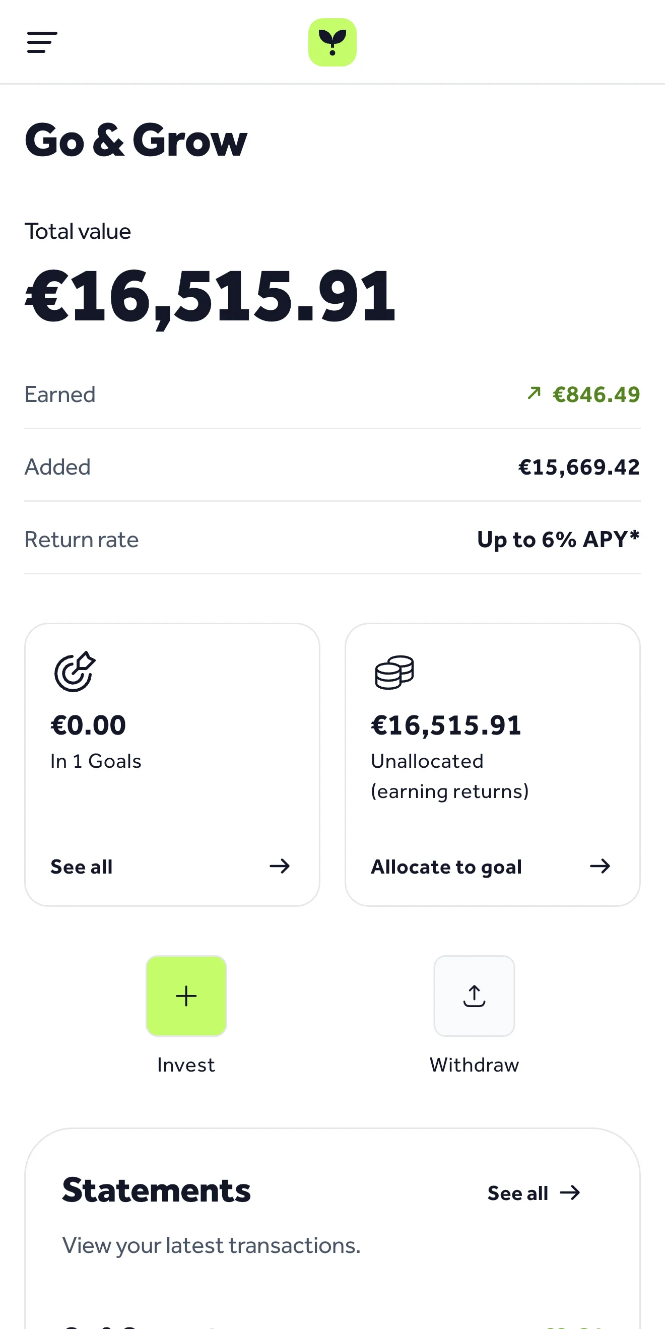 Go & Grow app showing €16,536.02 total value, €15,668.42 added, €867.60 earned, up to 6% APY*
