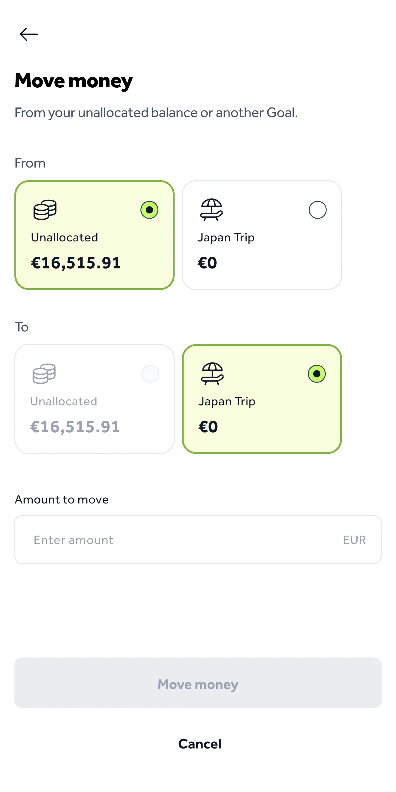 Go & Grow Goals feature showing money allocation between unallocated balance and a Japan Trip goal
